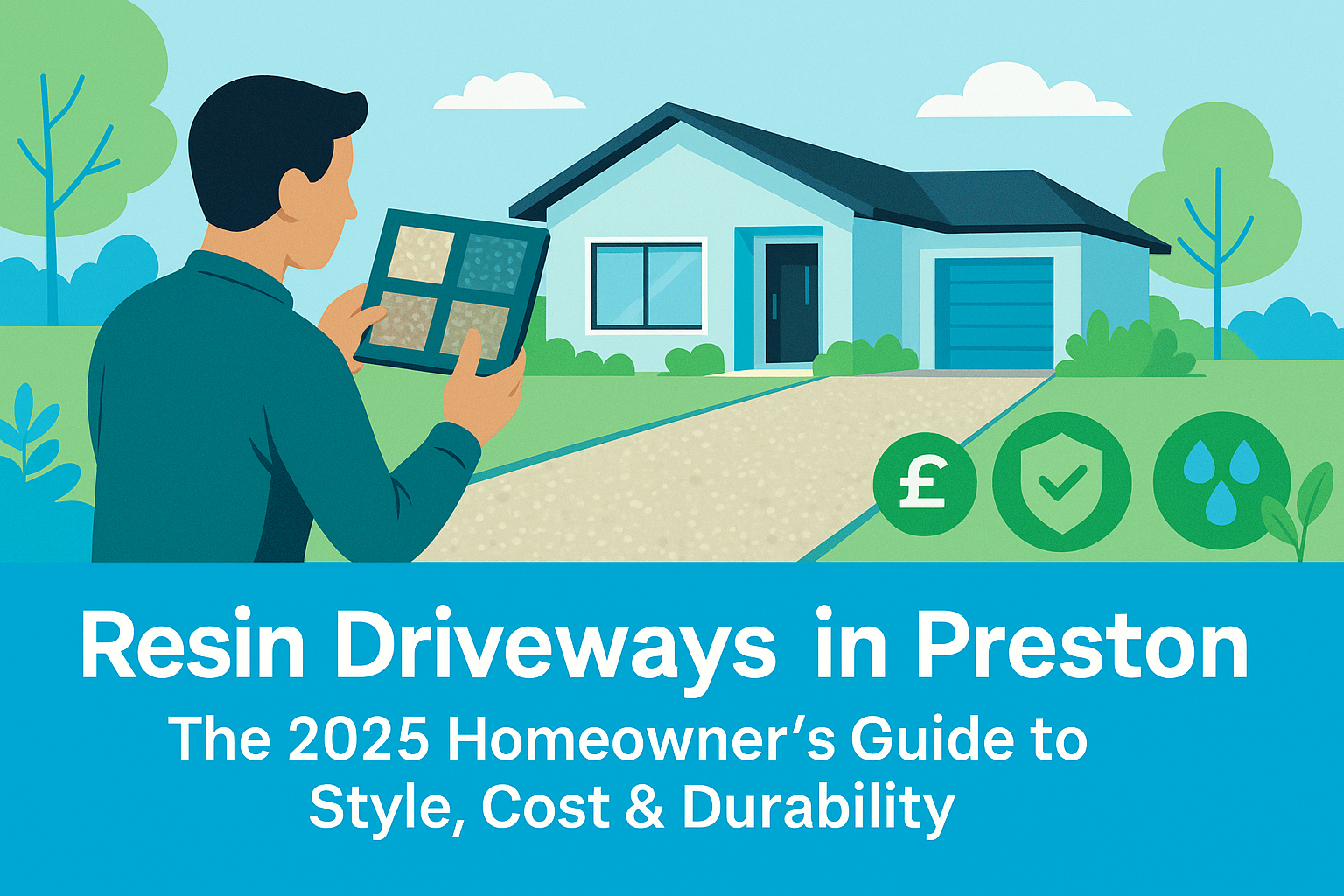 Resin driveways Preston – modern resin bound surface illustration with a home exterior, showing beauty, cost, and durability themes in 2025