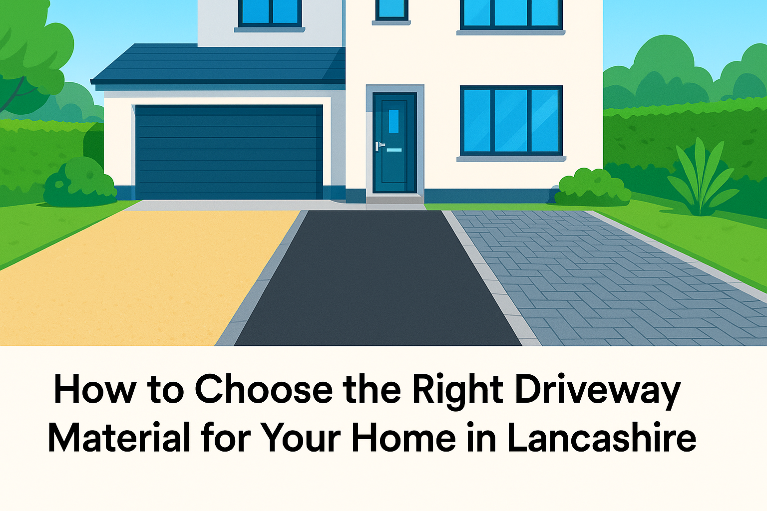 Different types of driveway materials in Lancashire — resin, tarmac, and block paving surfaces outside a modern Preston home