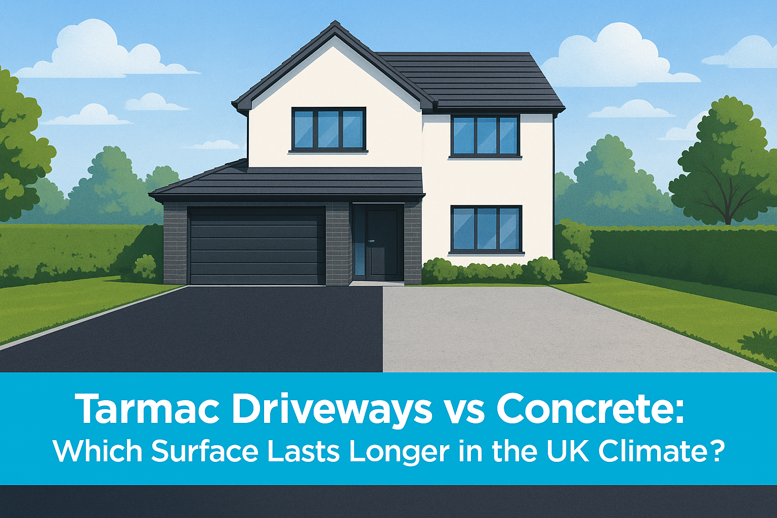 Modern Lancashire home with tarmac and concrete driveway comparison showing surface durability and design differences in the UK climate